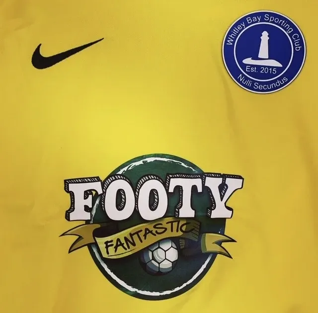 A Whitley Bay football shirt with Footy Fantastic sponsor emblem